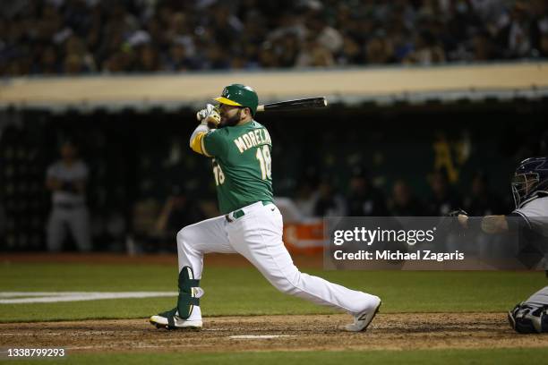 Mitch Moreland of the Oakland Athletics bats during the game against the New York Yankees at RingCentral Coliseum on August 26, 2021 in Oakland,...