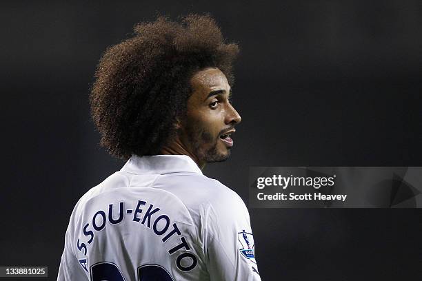 Benoit Assou-Ekotto of Spurs looks on during the Barclays Premier League match between Tottenham Hotspur and Aston Villa at White Hart Lane on...