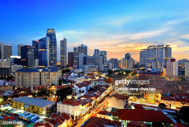 aerial view of singapore skyline - central bank stock pictures, royalty-free photos & images