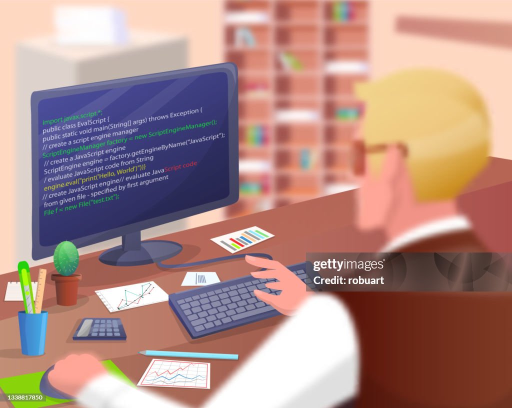Table For Computer Programmers Office Worker Male Character Sitting At Table With Computer Programmer ...