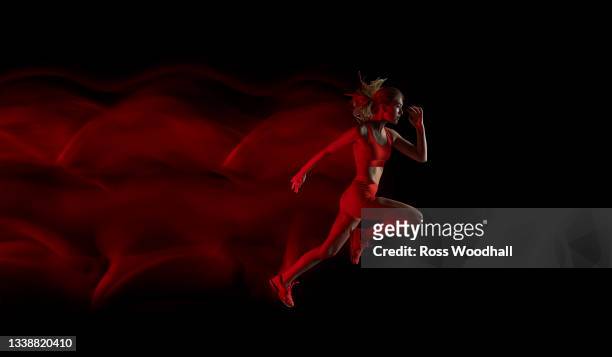 female sprinter in motion - double exposure running stock-fotos und bilder