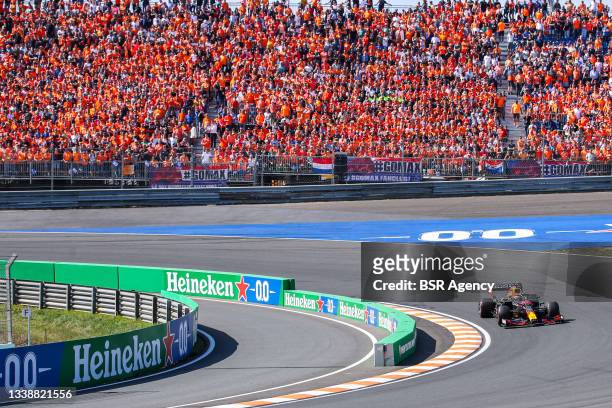 Max Verstappen of Netherlands and Red Bull Racing in front of the orange dressed fans and supporters during the Race of F1 Grand Prix of The...