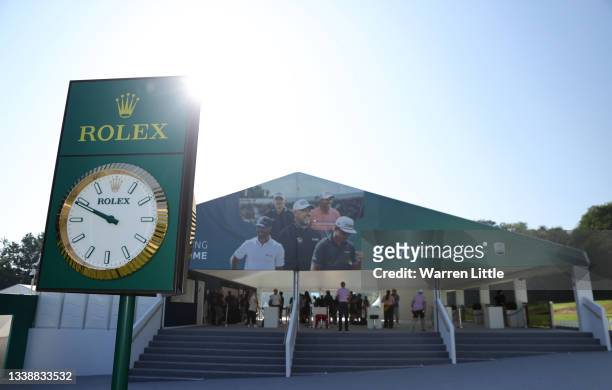 Rolex clock in the public village is pictured during Previews of The BMW PGA Championship at Wentworth Golf Club on September 07, 2021 in Virginia...