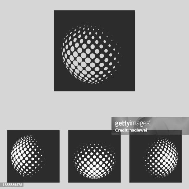 illustrazioni stock, clip art, cartoni animati e icone di tendenza di set vettoriale di forme minimali mezzo tono sfere monocromatiche logo isolato su sfondo nero - sfera