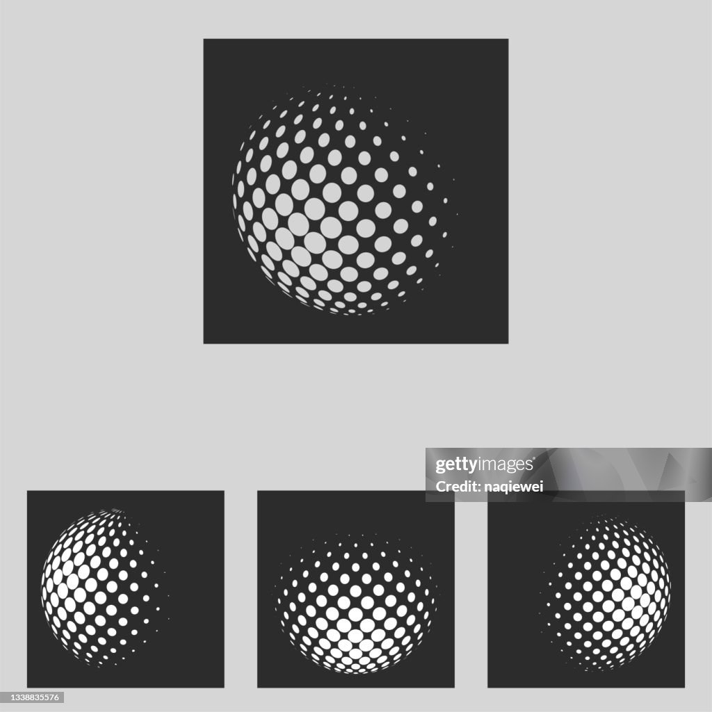 ミニマリズムのベクトルセットは、黒の背景に分離されたモノクロ球体のロゴの半分のトーンを形作る