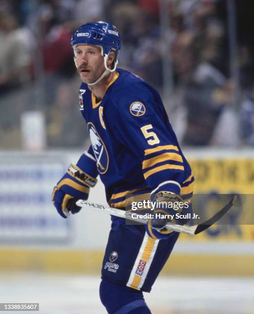 Mike Ramsey, Captain and Defenseman for the Buffalo Sabres looks on during the NHL Prince of Wales Conference Adams Division game against the Boston...