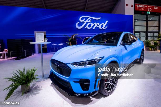 Ford Mustang electric car is presented at the Ford stand during the Munich Motor Show IAA Mobility on September 07, 2021 in Munich, Germany. The IAA...