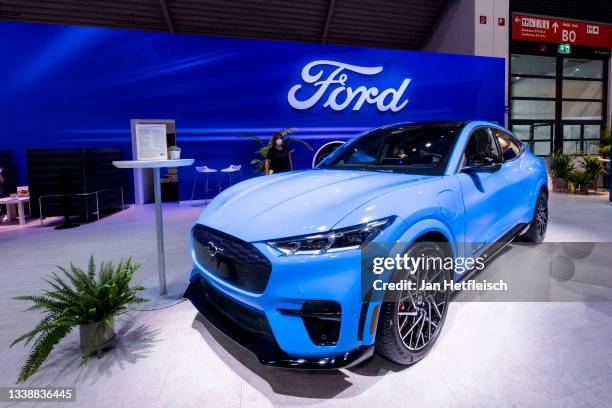 Ford Mustang electric car is presented at the Ford stand during the Munich Motor Show IAA Mobility on September 07, 2021 in Munich, Germany. The IAA...