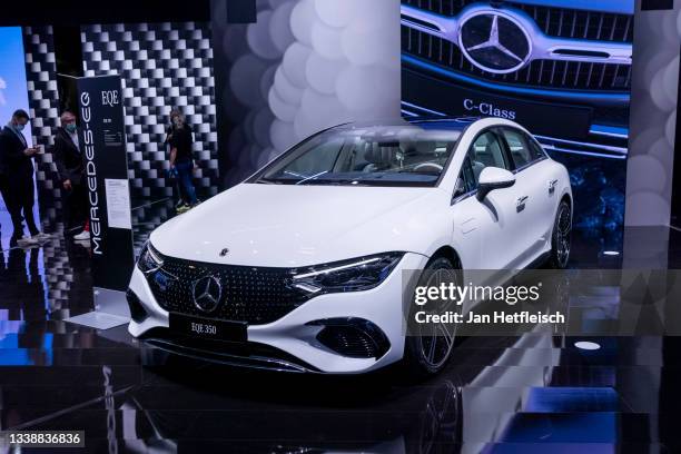 Mercedes-Benz EQE 350 car is presented at the Mercedes-Benz stand during the 2021 Munich Motor Show IAA Mobility on September 07, 2021 in Munich,...