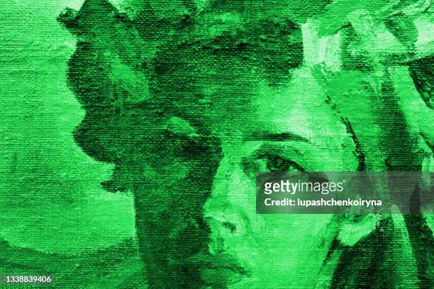 illustration oil painting portrait of  woman in national clothes and a headdress of flowers with ribbons in  green tones - green dress stock illustrations