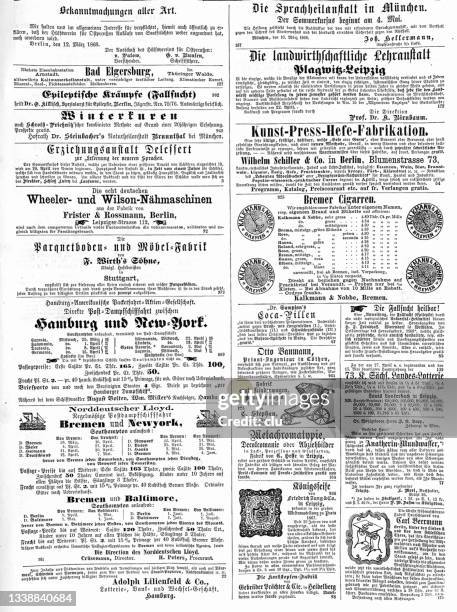 ads page in german magazine of 1868 - yeast stock illustrations