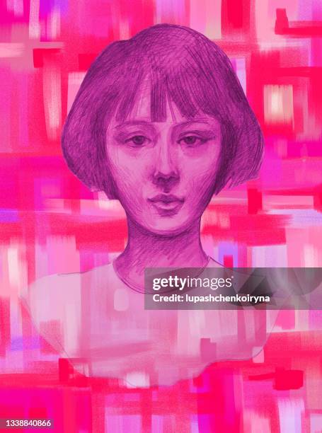 illustration pastel drawing portrait of a girl with dark hair retro styled hairstyle in a dress with a round white lace collar on a decorative abstract background in violet and pink colors - 45 49 years stock illustrations