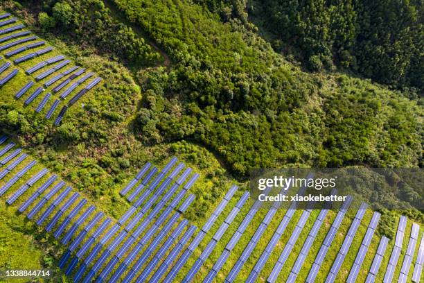 overlooking the solar power plant and lush woods on the top of the mountain - low carbon technology stockfoto's en -beelden