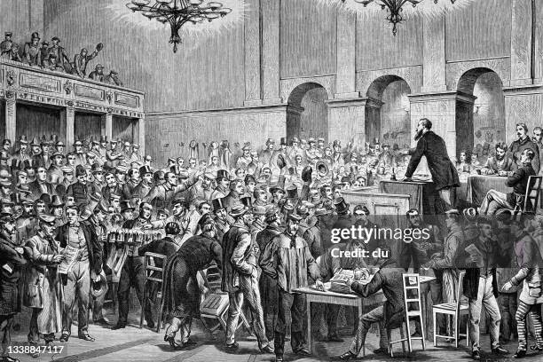 workers gathering in vienna, man gives a speech - trade union stock illustrations