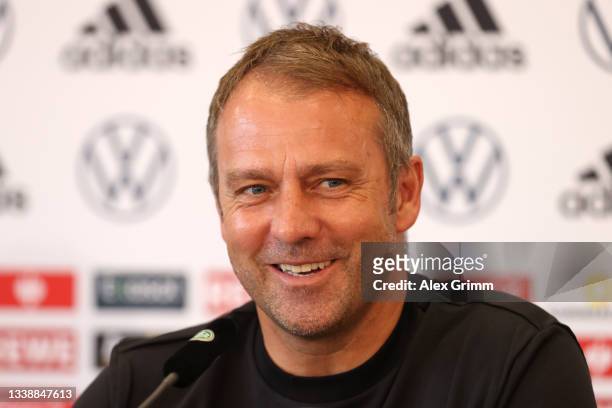 Hans-Dieter Flick, Head Coach of Germany talks to the media during a press conference at ADM-Sportpark on September 07, 2021 in Stuttgart, Germany.