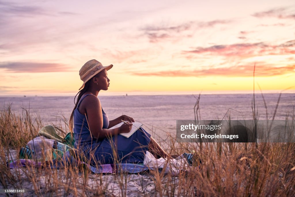 Shot of a young woman writing in her journal at the beach