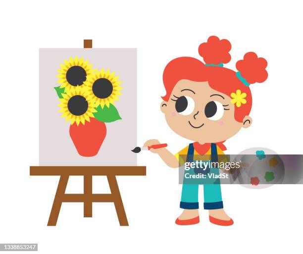 creative girl painter artist canvas painting with sunflowers art gallery easel - modern art exhibition stock illustrations