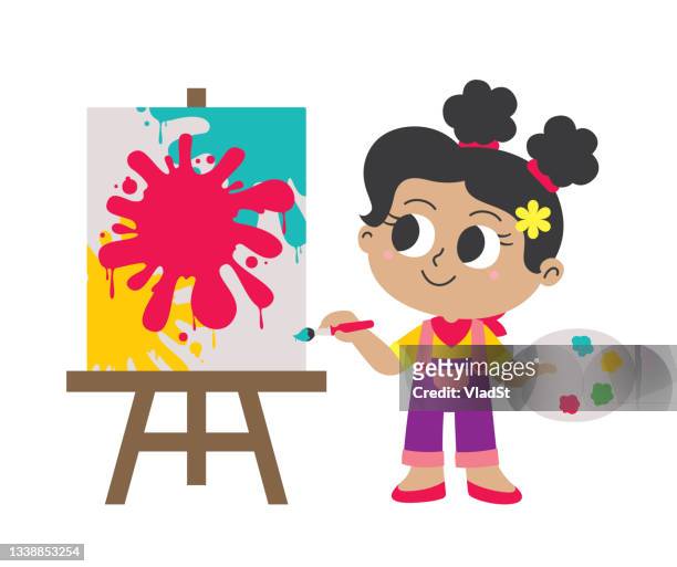 creative girl artist abstract painting on canvas art gallery easel with copy space - artists canvas stock illustrations