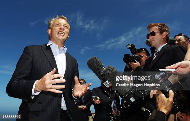 Labour leader Phil Goff speaks to media at Brooklyn Wind Turbine on November 22, 2011 in Wellington, New Zealand. New Zealanders will head to the...