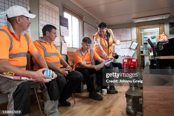 morning meeting in lumberyard office - female with group of males stock pictures, royalty-free photos & images