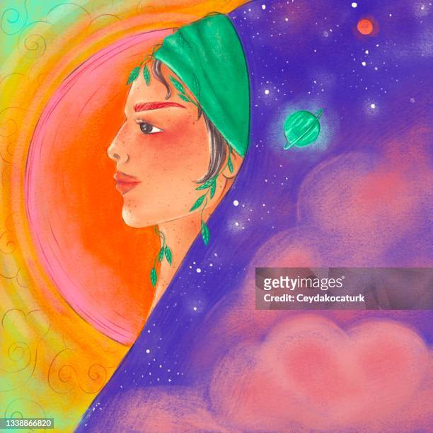 stockillustraties, clipart, cartoons en iconen met side view of young woman face between day and night illustration - tarot cards