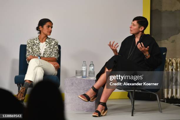 Leyla Piedayesh and Magdalena Schaffrin speak during the "She's Mercedes The Studio x MBFW" Talk at the Mercedes-Benz Fashion Week Berlin September...