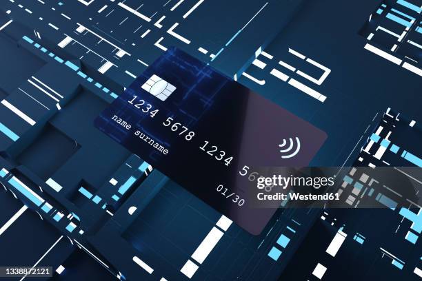 three dimensional render of credit card against electronic background - buying electronics stock illustrations