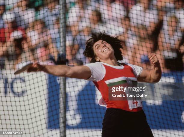 Svetla Mitkova of Bulgaria competing in the Women's Discus Throw event at the inaugural International Association of Athletics Federations IAAF World...