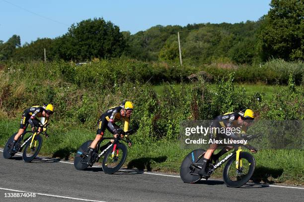 Tony Martin of Germany and Wout Van Aert of Belgium and Team Jumbo - Visma lead their teammates during the 17th Tour of Britain 2021, Stage 3 a...