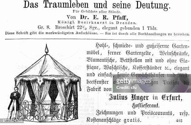 ads in german magazine 1868: dream interpretation book and garden furniture - 1868 stock illustrations