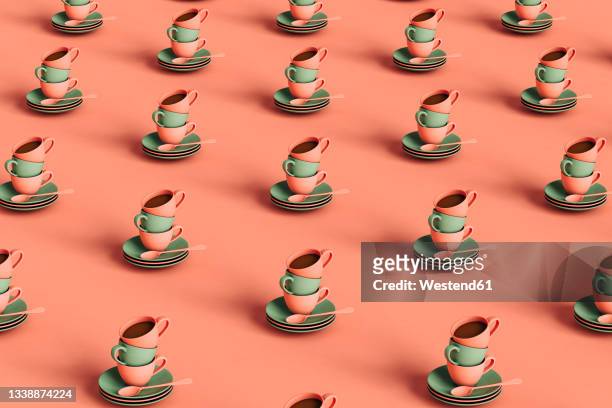 illustrazioni stock, clip art, cartoni animati e icone di tendenza di three dimensional pattern of rows of coffee cups stacked on top of plates flat laid against pastel pink background - plate with cutlery