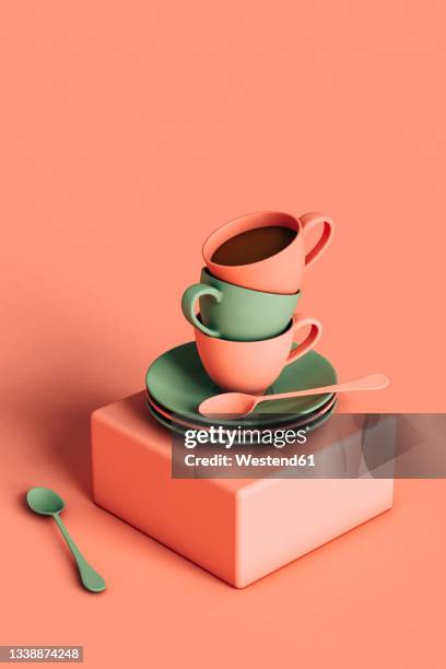 ilustraciones, imágenes clip art, dibujos animados e iconos de stock de three dimensional render of three coffee cups stacked on top of plates lying on square block - vajilla