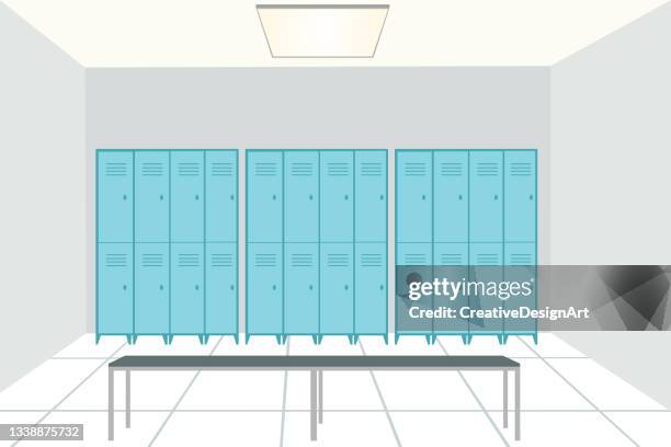 ilustraciones, imágenes clip art, dibujos animados e iconos de stock de vestuario de gimnasio o gimnasio con vista frontal de taquillas y banco - locker room