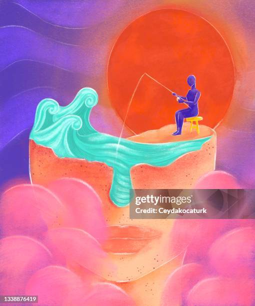 front view of half face between clouds with a human silhouette fishing in the sea of the mind illustration - dreamer stock illustrations