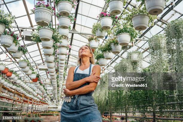 female greenhouse worker with arms crossed looking at hanging basket in plant nursery - farmer arms crossed stock pictures, royalty-free photos & images