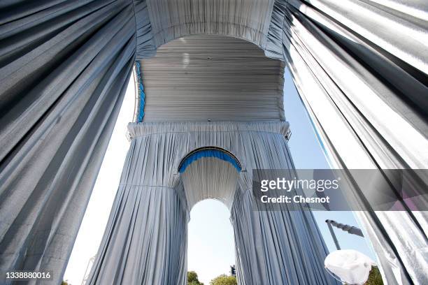 General view of the interior arches wrapped during the assembly of the 'Arc de Triomphe' wrapping as part of an art installation by artist Christo on...
