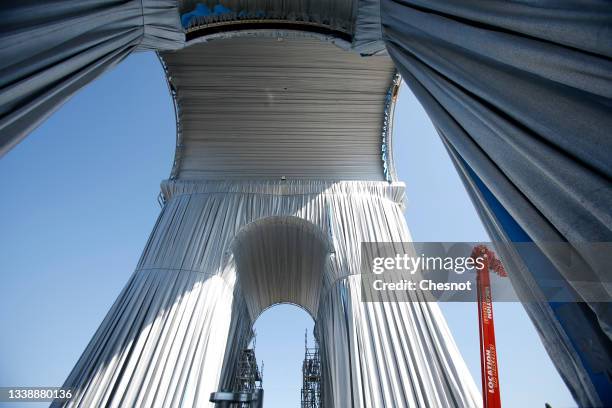 General view of the interior arches wrapped during the assembly of the 'Arc de Triomphe' wrapping as part of an art installation by artist Christo on...