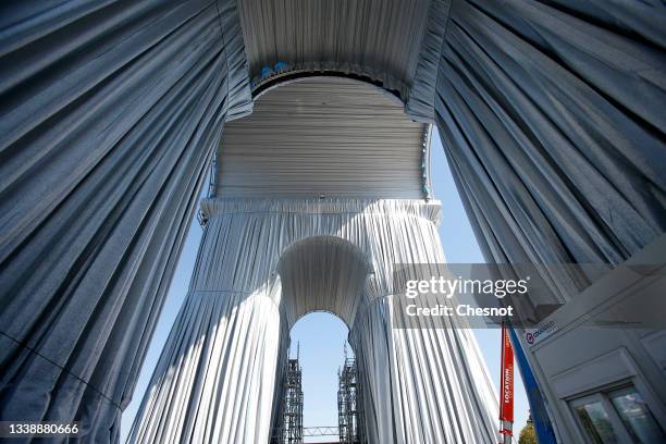 General view of the interior arches wrapped during the assembly of the 'Arc de Triomphe' wrapping as part of an art installation by artist Christo on...