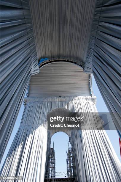 General view of the interior arches wrapped during the assembly of the 'Arc de Triomphe' wrapping as part of an art installation by artist Christo on...