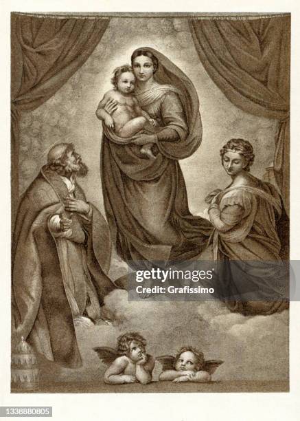 ilustraciones, imágenes clip art, dibujos animados e iconos de stock de pintura madonna sixtina de rafael siglo 16 - baby angel