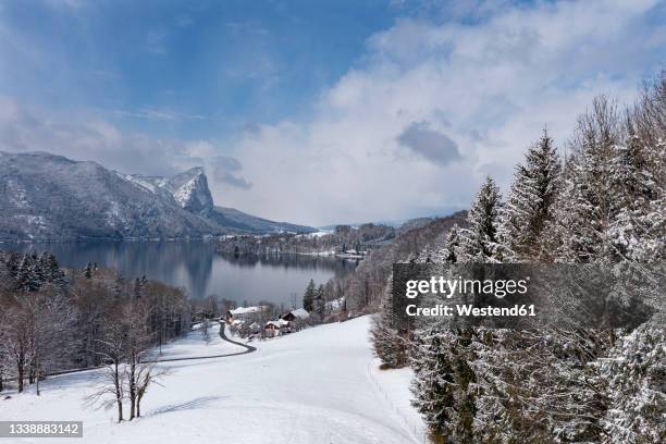 scenic view of mondsee lake surrounded by snow-covered forest - salzkammergut stock pictures, royalty-free photos & images