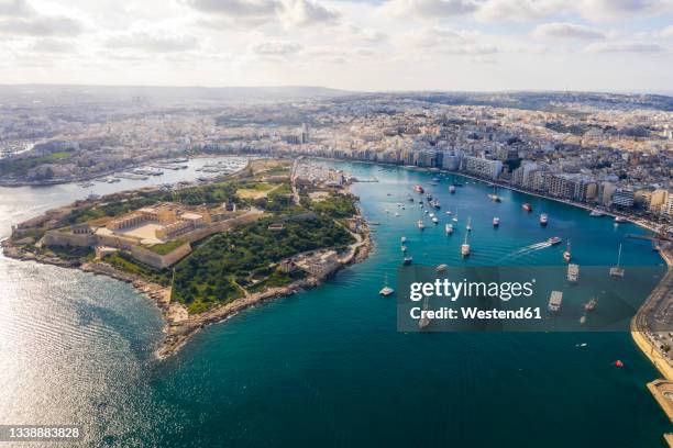 malta, central region, sliema, aerial view of manoel island and surrounding city - maltese islands stockfoto's en -beelden