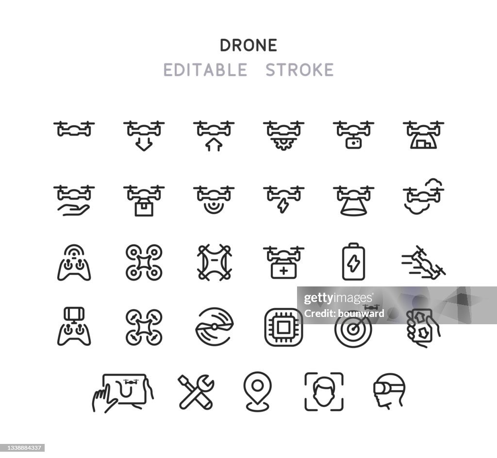 Colección de iconos de línea de drone Trazo editable