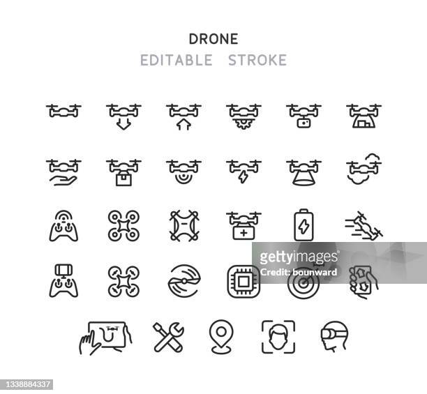 ilustrações, clipart, desenhos animados e ícones de coleção de ícones da linha drone stroke editável - veículo aéreo não tripulado