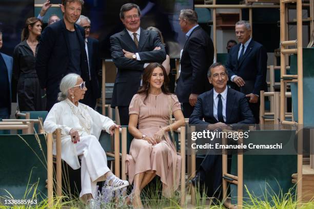 Crown Princess Mary of Denmark visits the installation of a school designed by Lendager Group and built with chairs at Museo nazionale della scienza...