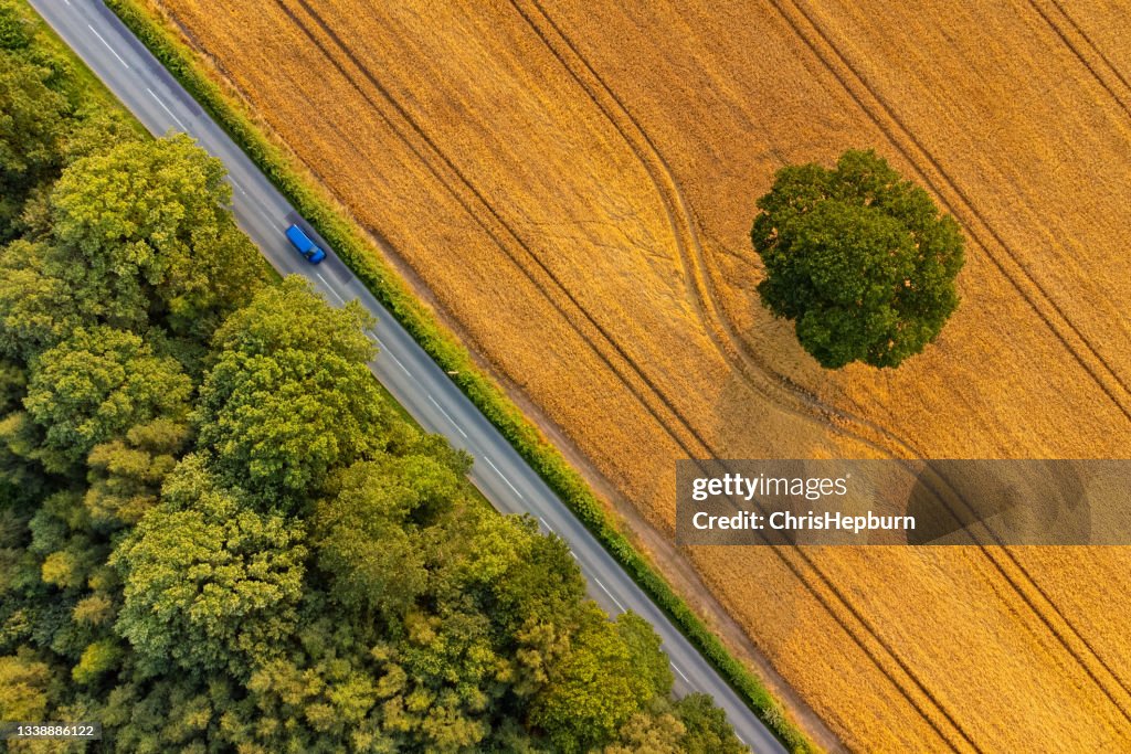 Aerial view of summer fields, Staffordshire, England, UK