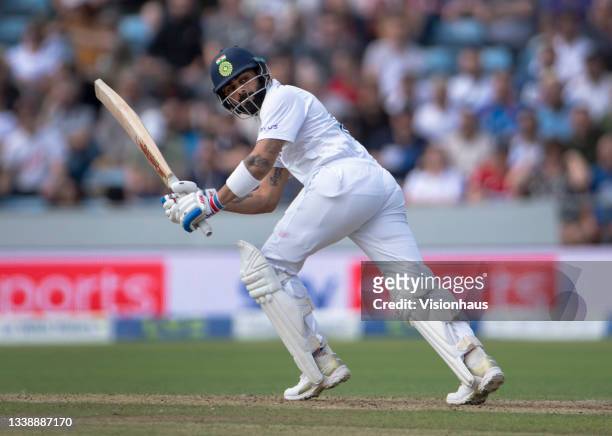Virat Kohli of India batting during the first day of the third test between England and India at Headingley on August 25, 2021 in Leeds, England.