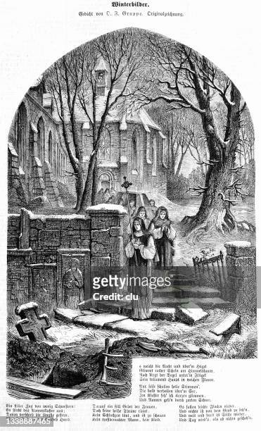 winterpictures, poem of o.f. gruppe, german language, procession in a cemetery - 1868 stock illustrations