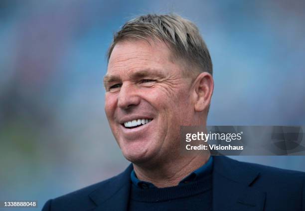 Former Australian spin bowler Shane Warne works as a commentator for Sky Sports before the first day of the third test between England and India at...