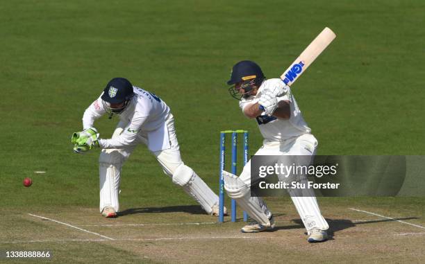 Glamorgan batsman Andrew Salter in batting action watched by Ned Eckersley during day two of the LV= Insurance County Championship match between...